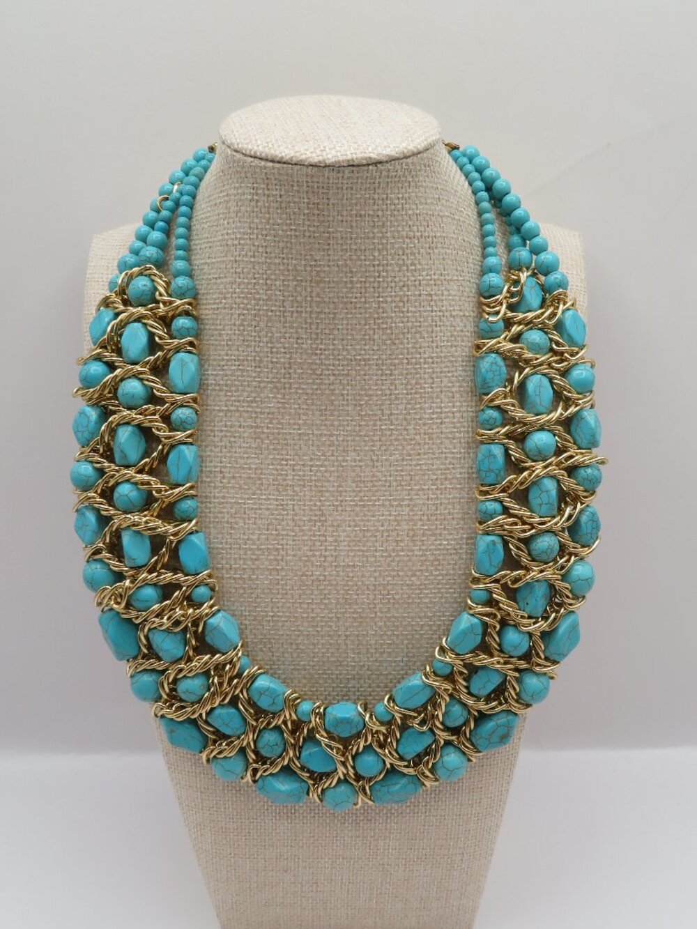 Kaymen Faux Turquoise Gold Tone Weave Accent Bib Style Choker Necklace